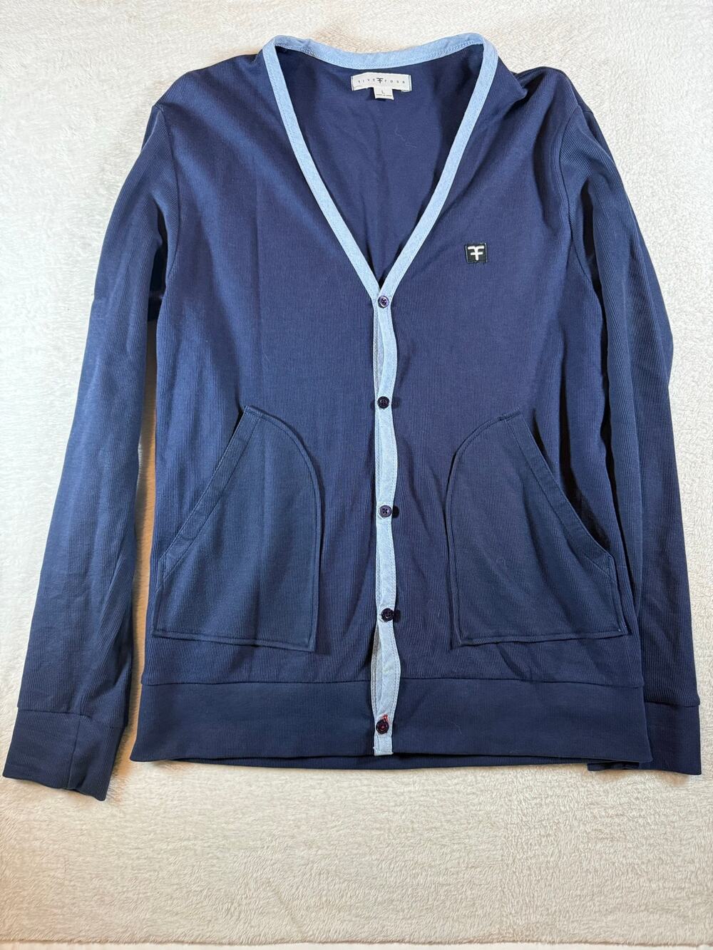 Five Four Men’s Large Navy Blue Button Cardigan Sweater Contrast Trim